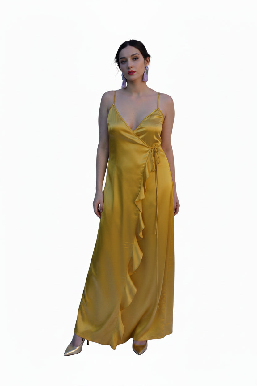 Arriendo de Vestido Largo seda amarillo