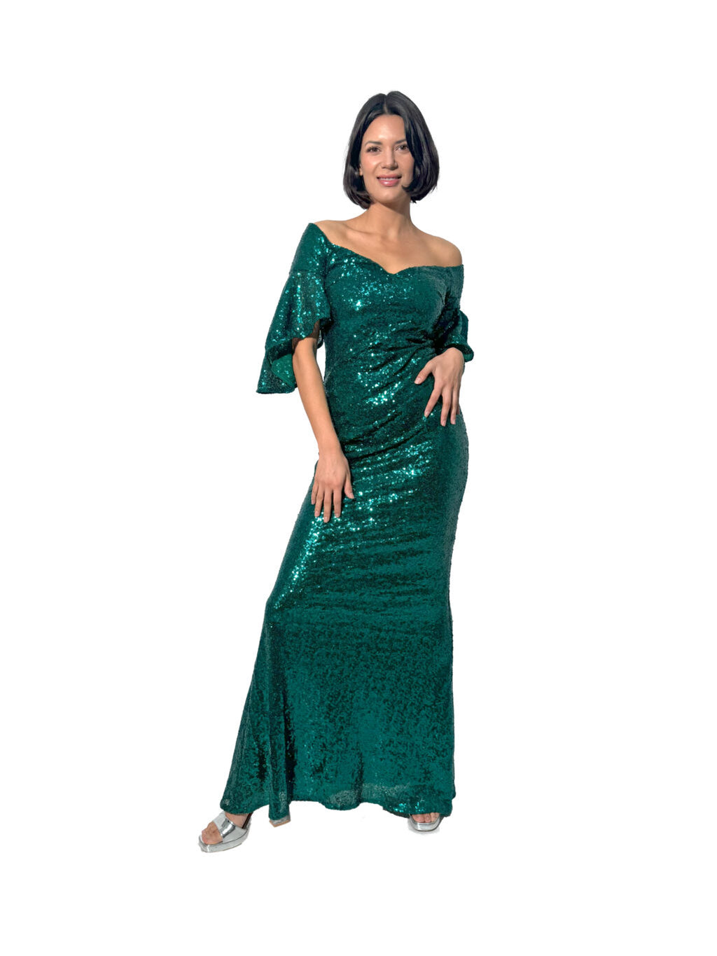 Arriendo de Vestido verde metalizado con lentejuelas y mangas