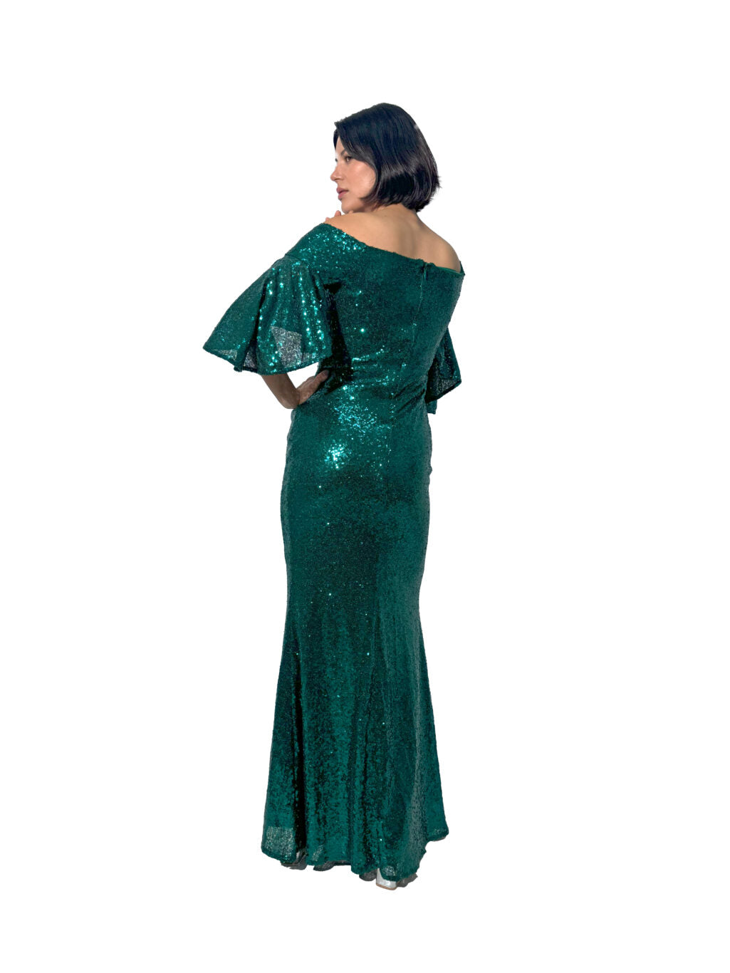 Arriendo de Vestido verde metalizado con lentejuelas y mangas