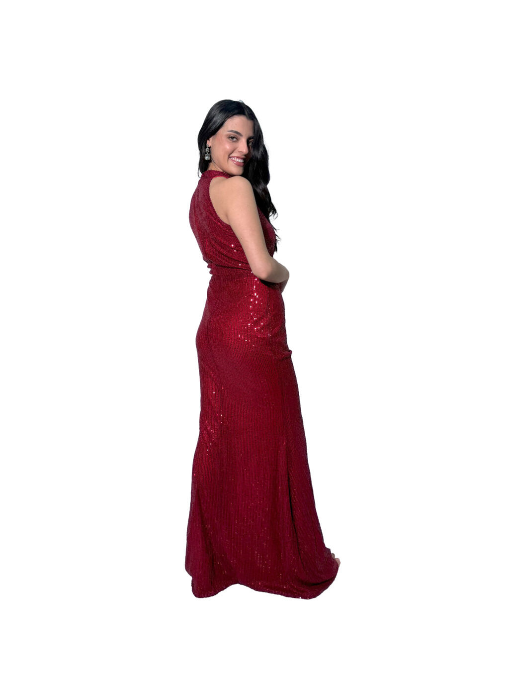 Arriendo de Vestido largo cuello halter rojo italiano con lentejuelas