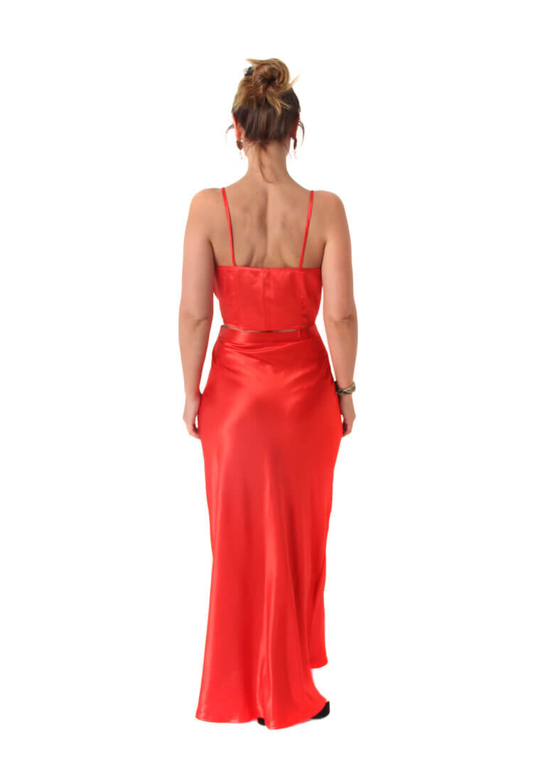 Arriendo de Conjunto rojo crop top y pollera de seda CDP
