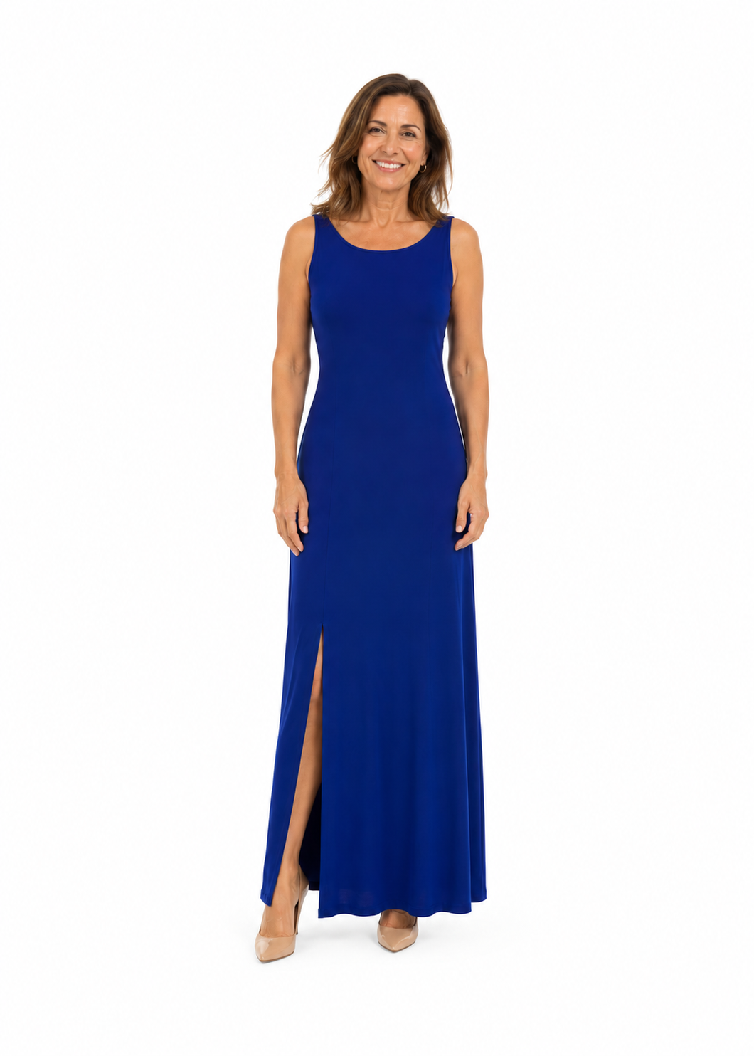 Arriendo de vestido largo azul morado escote cerrado espalda abierta
