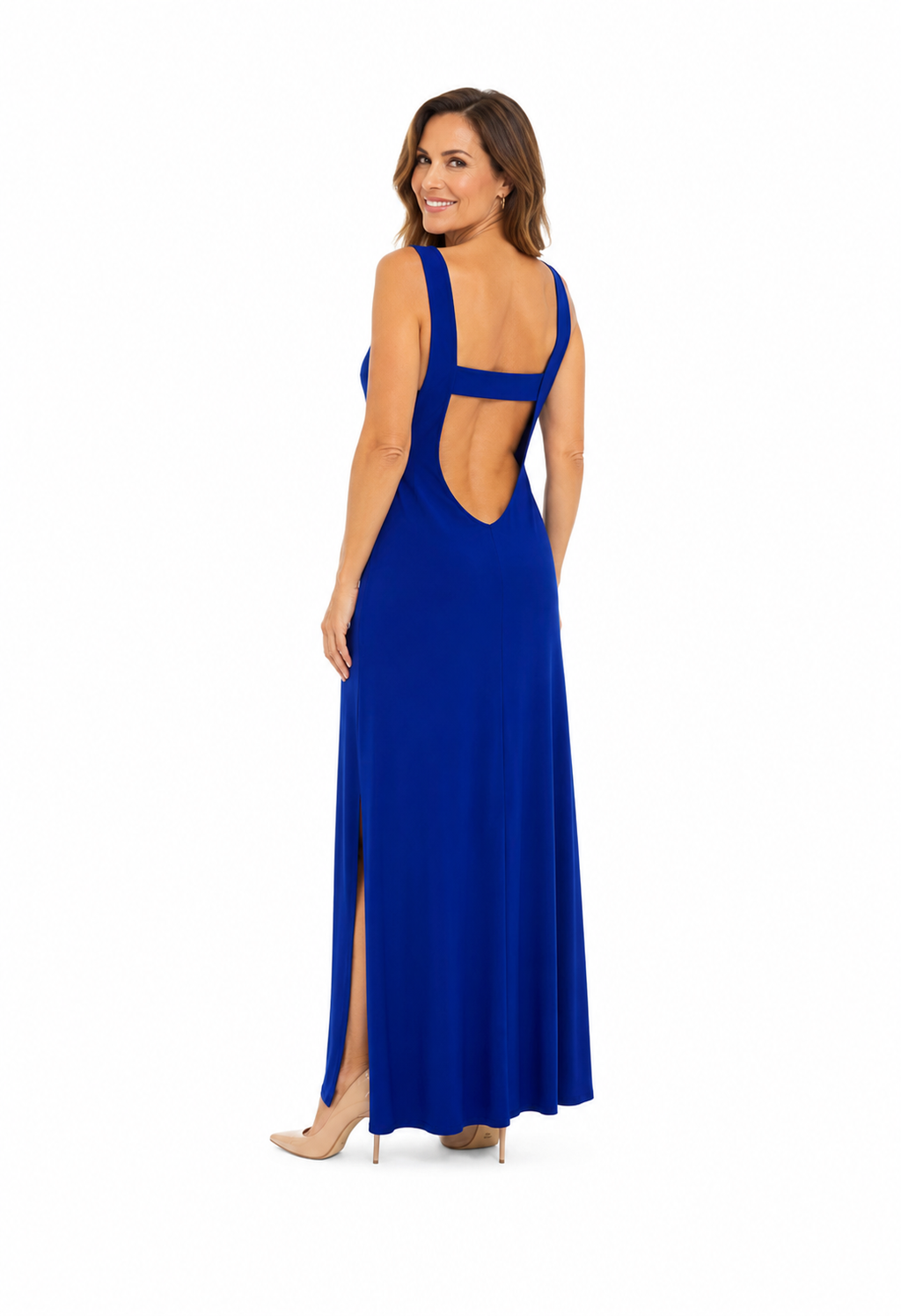 Arriendo de vestido largo azul morado escote cerrado espalda abierta
