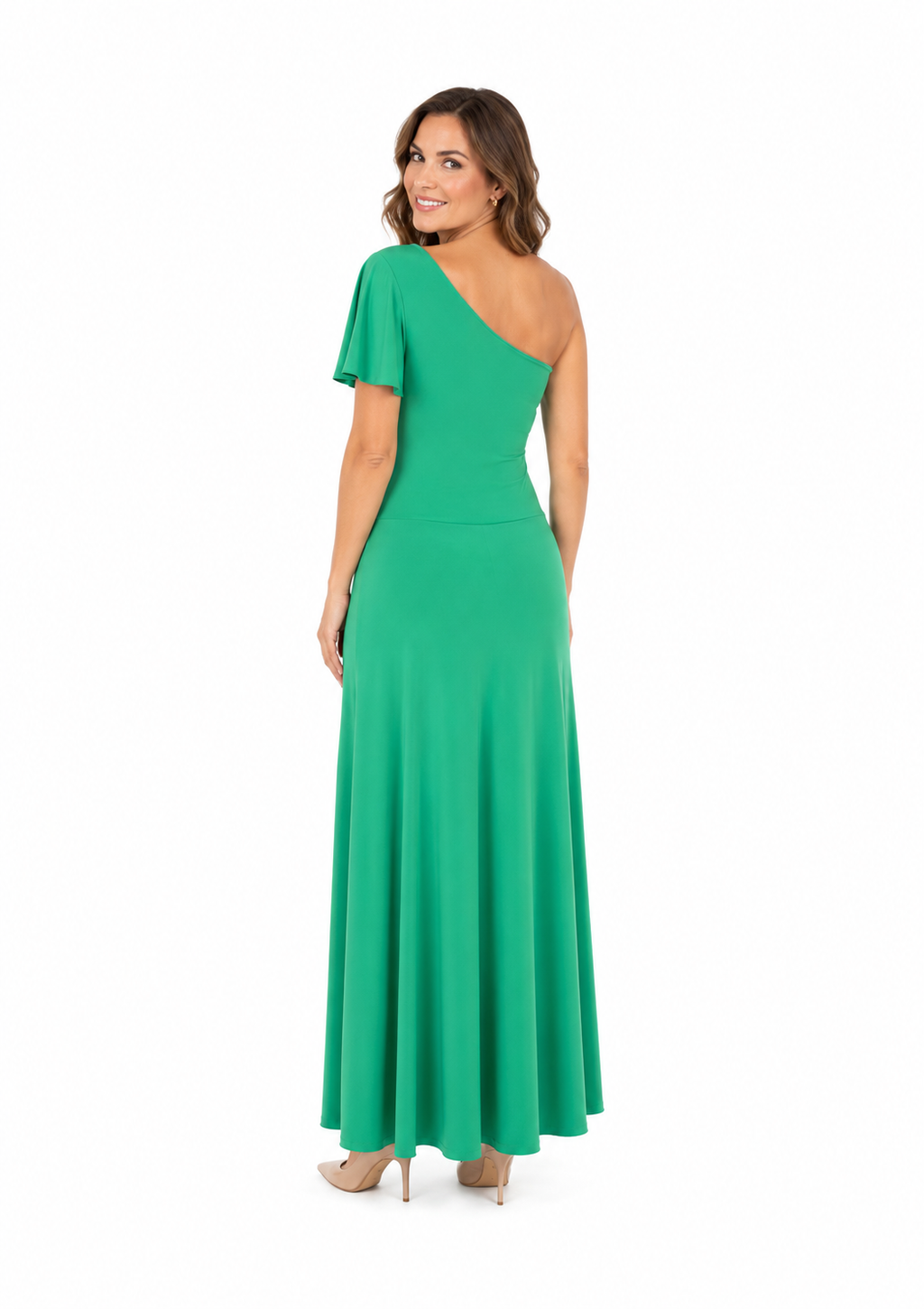 Arriendo de vestido verde largo asimétrico de lycra ajustable elasticado