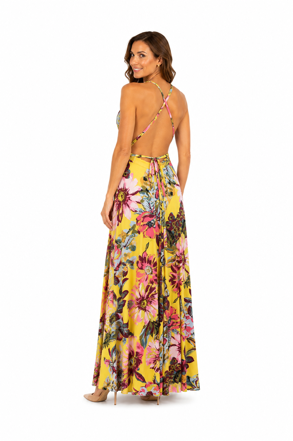 Arriendo de vestido largo amarillo con estampados talla única