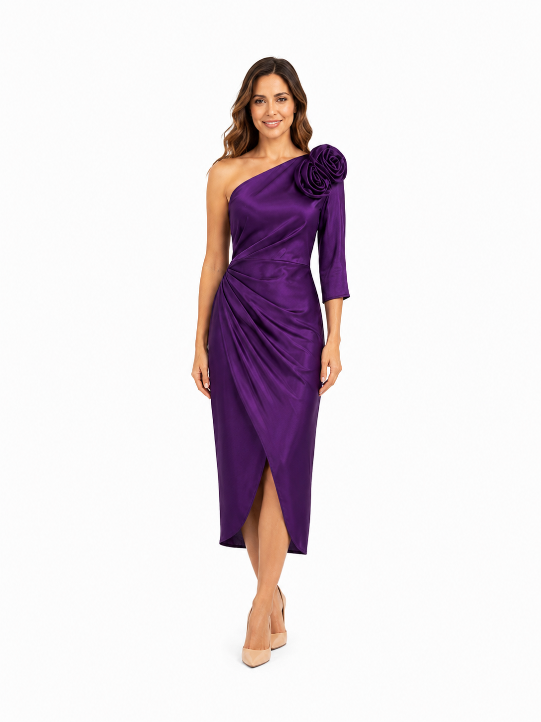 Arriendo de vestido morado intenso con rosetón e lycra español