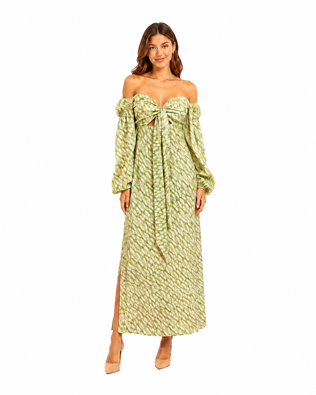 Arriendo de vestido largo verde claro estampado español original