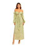 Arriendo de vestido largo verde claro estampado español original
