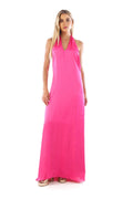 Arriendo de Vestido fucsia largo de seda con amarre en el cuello y escote