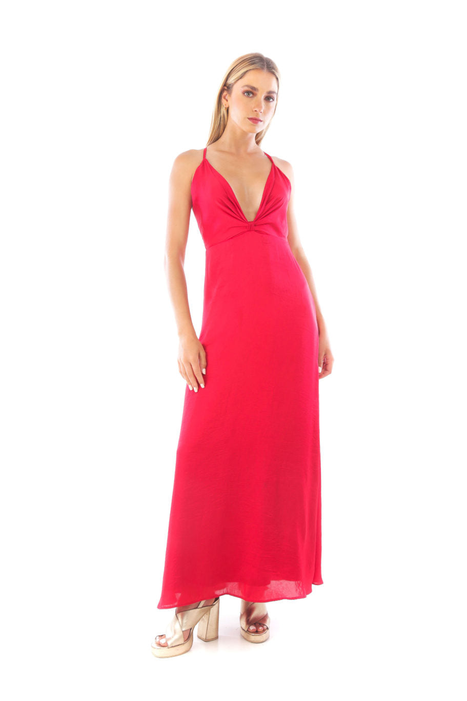Arriendo de Vestido largo rojo con nudo adelante y tiras ajustables