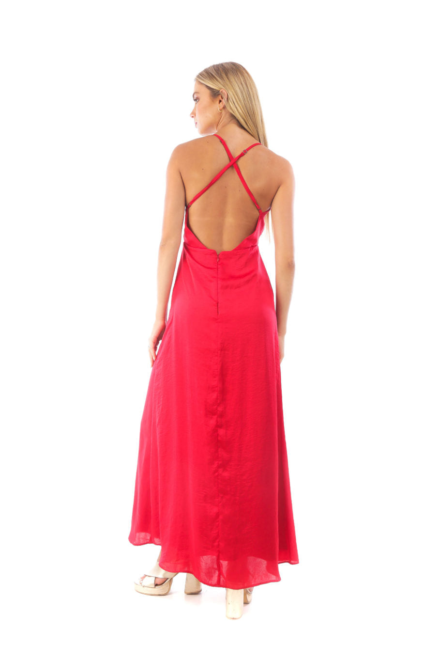 Arriendo de Vestido largo rojo con nudo adelante y tiras ajustables