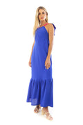 Arriendo de Vestido azul eléctrico con tiras fucsia y vuelos en espalda