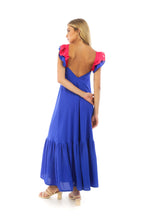 Arriendo de Vestido azul eléctrico con tiras fucsia y vuelos en espalda