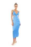 Arriendo de Vestido largo calipso con espalda cruzada, escote en v y cortes en cintura