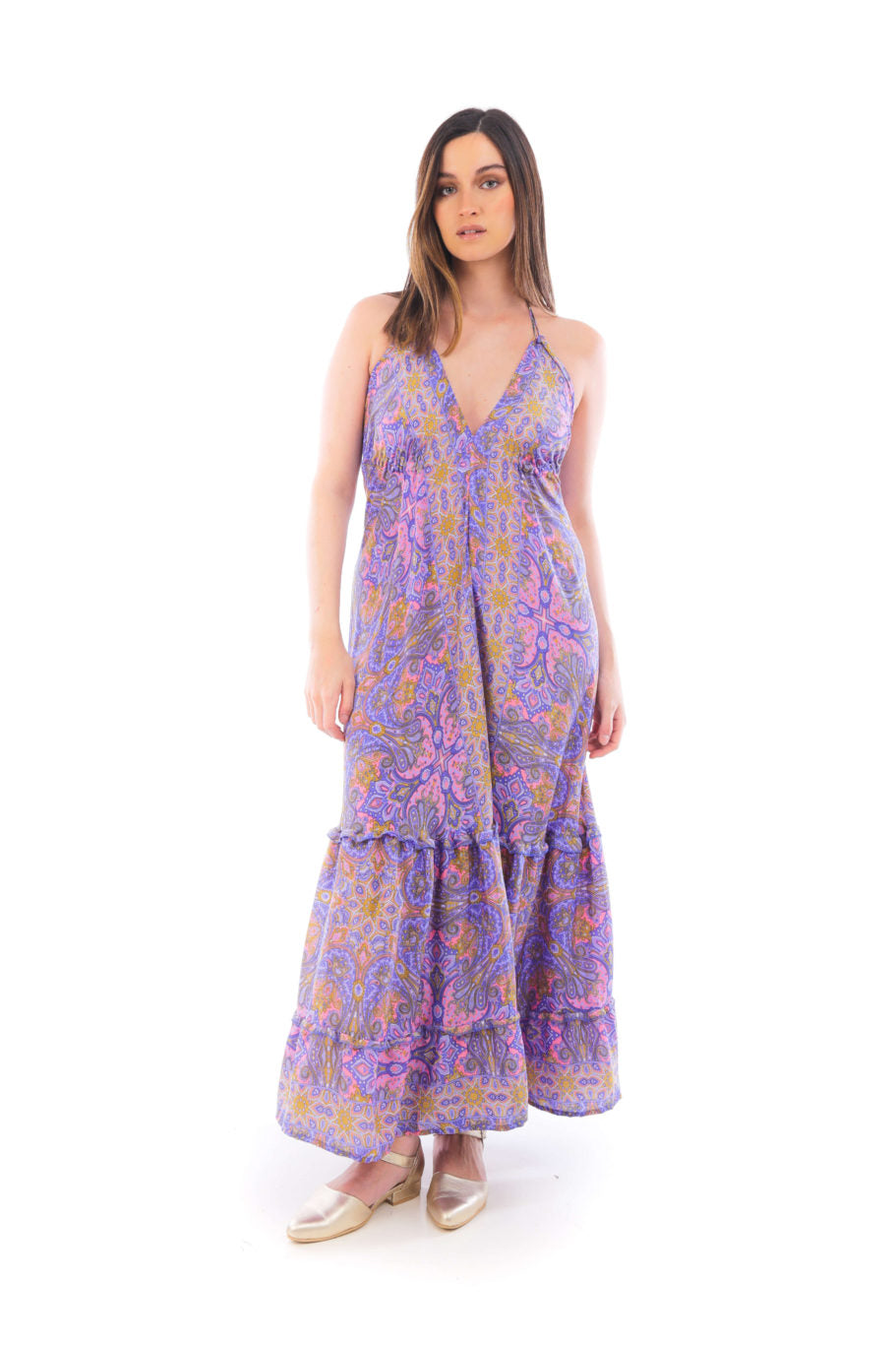 Arriendo de Vestido largo con estampados lila, rosado y mostaza y amarre al cuello