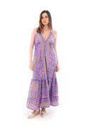 Arriendo de Vestido largo con estampados lila, rosado y mostaza y amarre al cuello