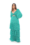 Arriendo de Vestido largo verde esmeralda con estampado blanco y mangas
