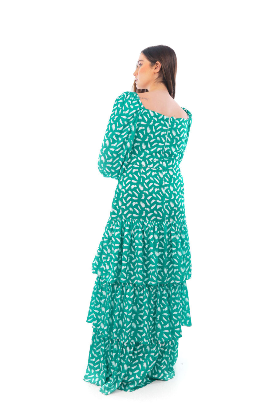 Arriendo de Vestido largo verde esmeralda con estampado blanco y mangas