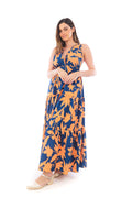 Arriendo de Vestido azul con naranjo con flores y tiras ajustables cruzadas