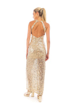 Arriendo de Vestido de lentejuelas dorado largo con tajo adelante y espalda abierta