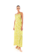 Arriendo de Vestido largo con estampado hojas color oliva