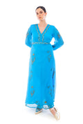 Arriendo de Vestido calipso con bordados de mostacilla dorados
