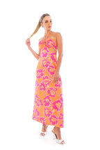 Arriendo de Vestido middie naranjo con flores rosadas y amarillas con cortes en la cintura y tiras en cuello