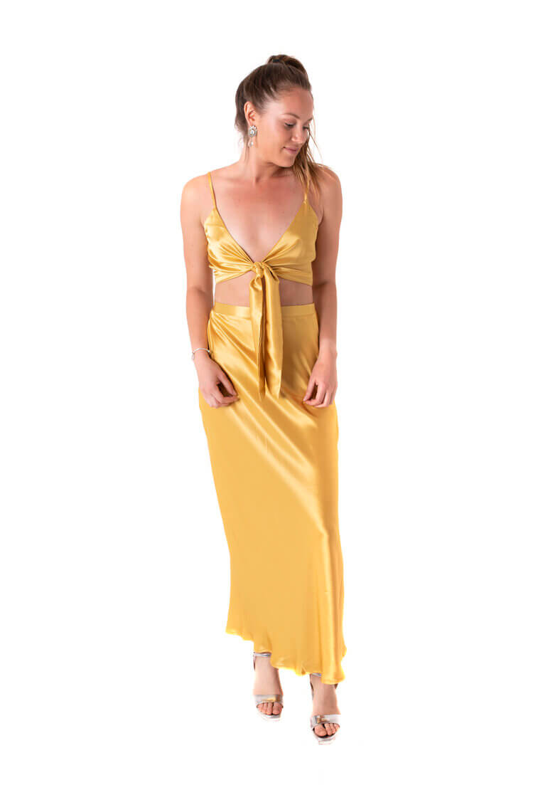 Arriendo de Conjunto crop top y pollera dorado de seda