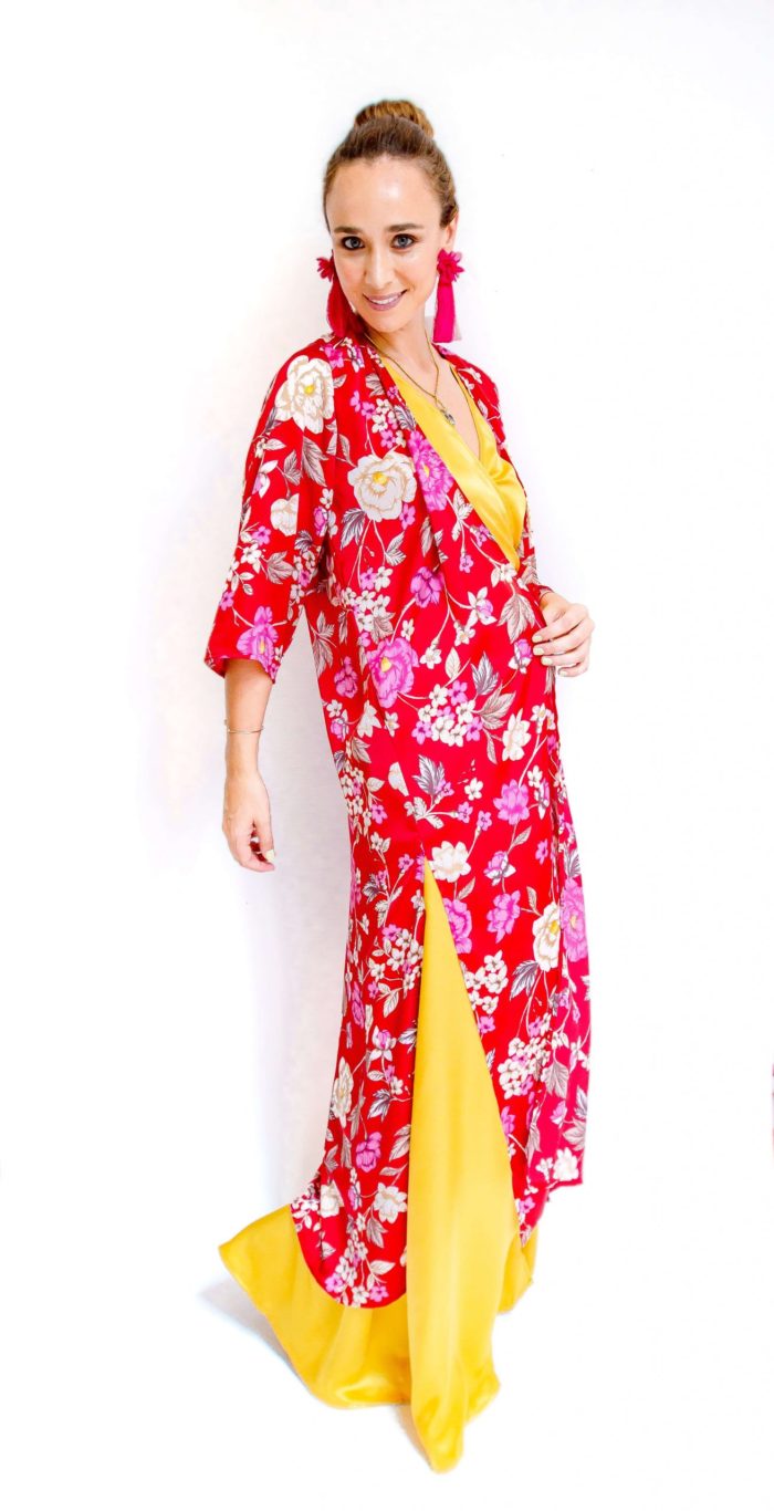 Kimono fuscia con flores largo