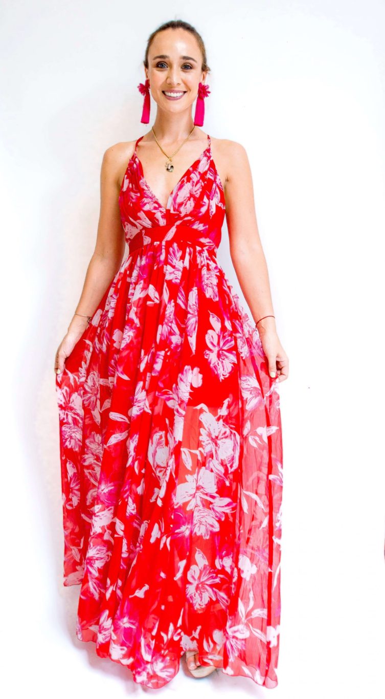 Vestido largo rojo fuscia con flores espalda cruzada