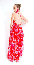 Vestido largo rojo fuscia con flores espalda cruzada