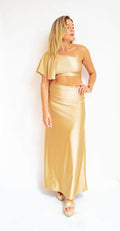 Arriendo de Conjunto dorado crop top un hombre y pollera