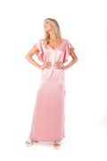 Arriendo de Vestido largo seda rosa palo mangas con vuelos