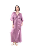 Arriendo de Vestido largo morado metálico con mangas, ajuste a la cintura