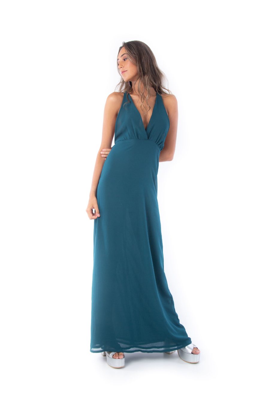 Arriendo de Vestido largo petróleo, escote en V,  esplada cruzada