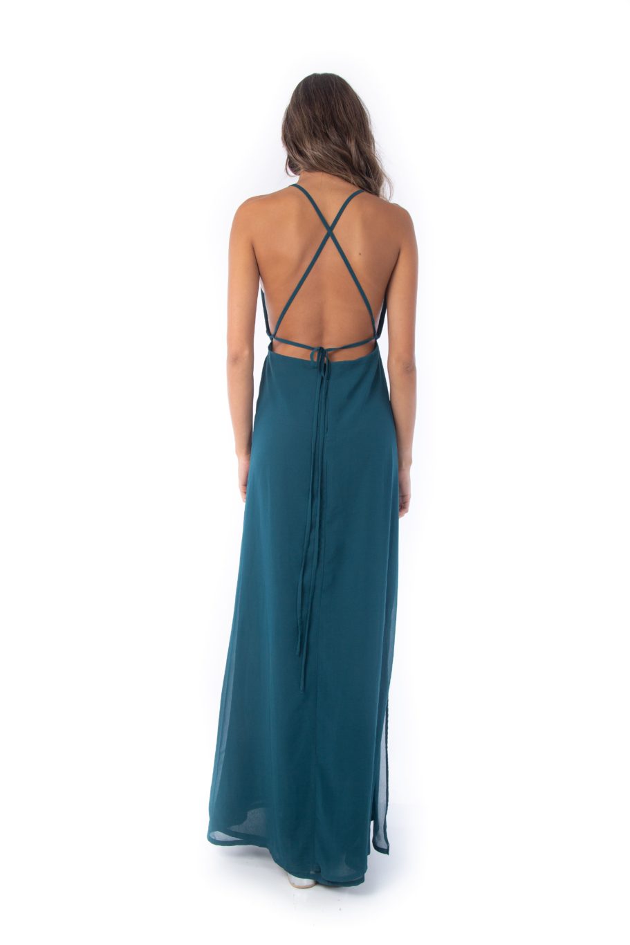 Arriendo de Vestido largo petróleo, escote en V,  esplada cruzada