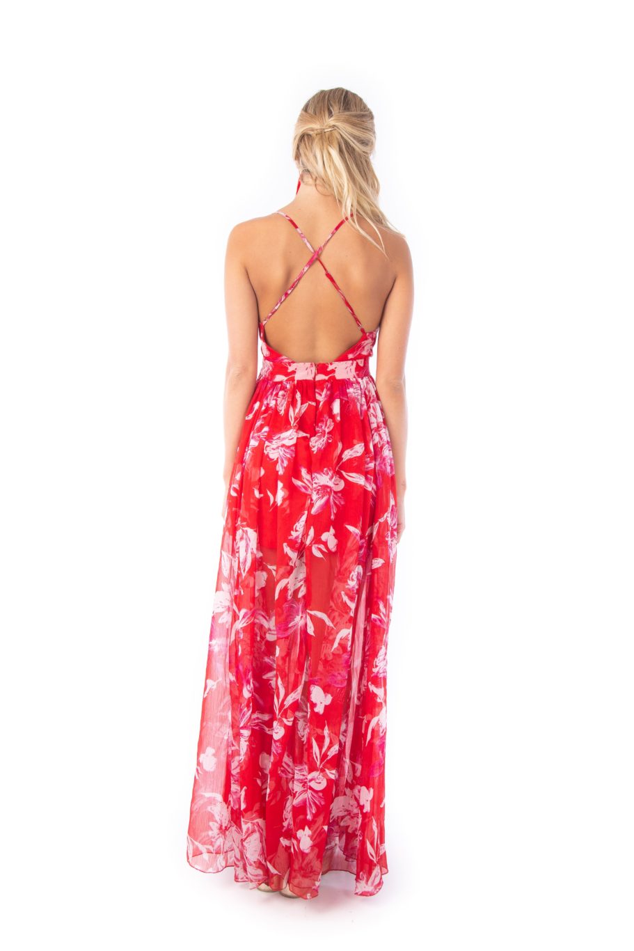 Arriendo de Vestido rojo floreado, flores blancas y rosadas