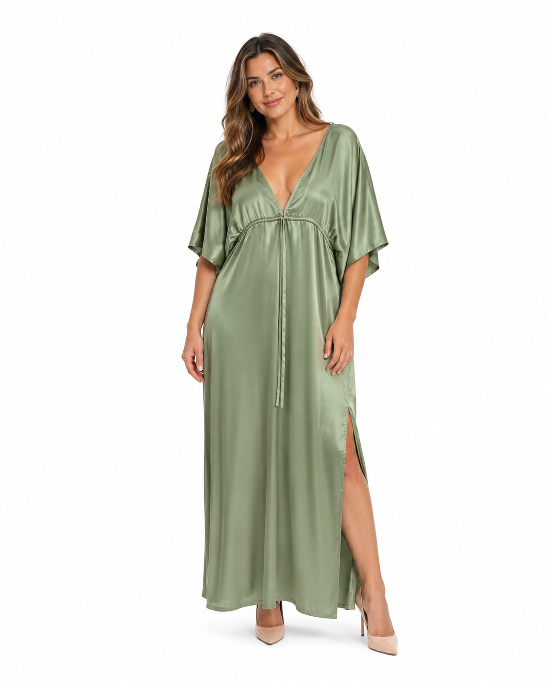 Arriendo de vestido largo verde menta escote en V amarre adelante con mangas