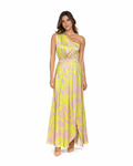 Arriendo de vestido largo Cocoota amarillo con palo rosa un hombro