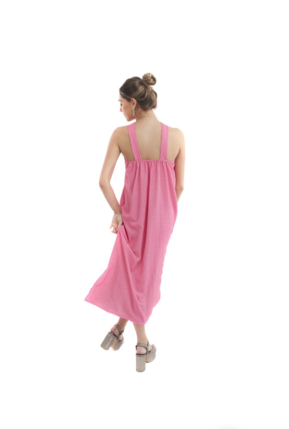 Arriendo de Vestido 3/4 rosado claro y oscuro estampado hexágonos