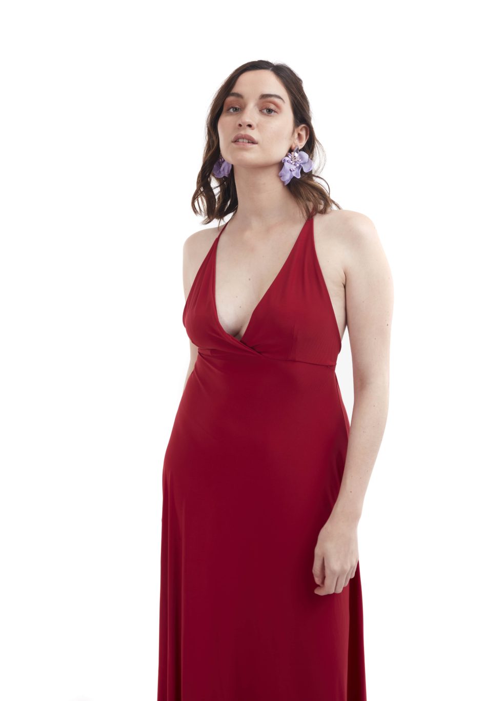 Arriendo de Vestido burdeo largo amarre al cuello