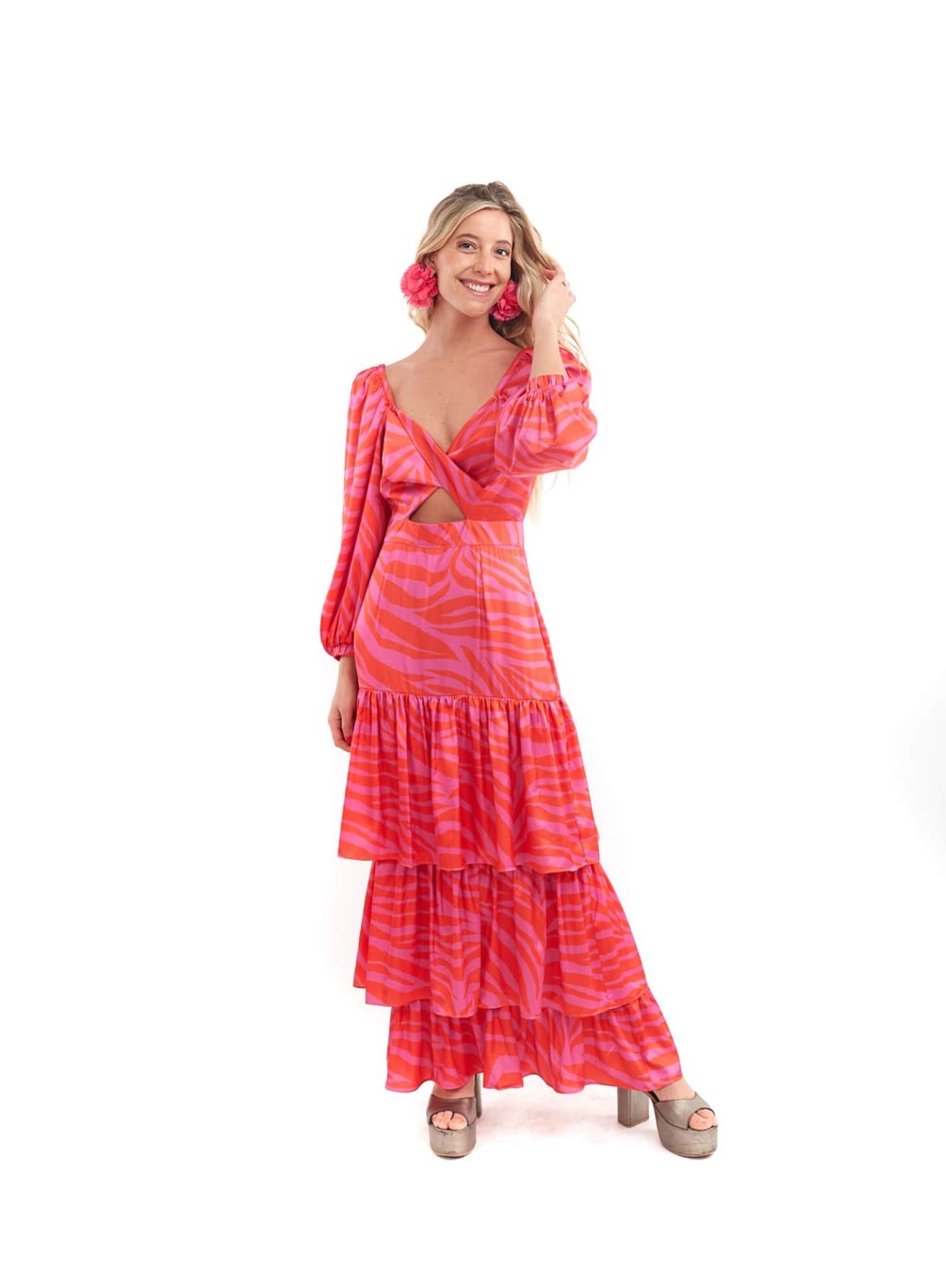 Arriendo de Vestido Cocoota naranjo malva con mangas y vuelos abajo
