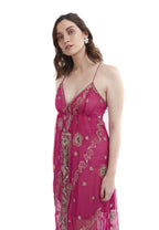 Arriendo de Vestido largo India Chic fucsia con mostacillas