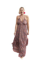 Arriendo de Vestido largo Sona estampado rosado con flores celeste y beige