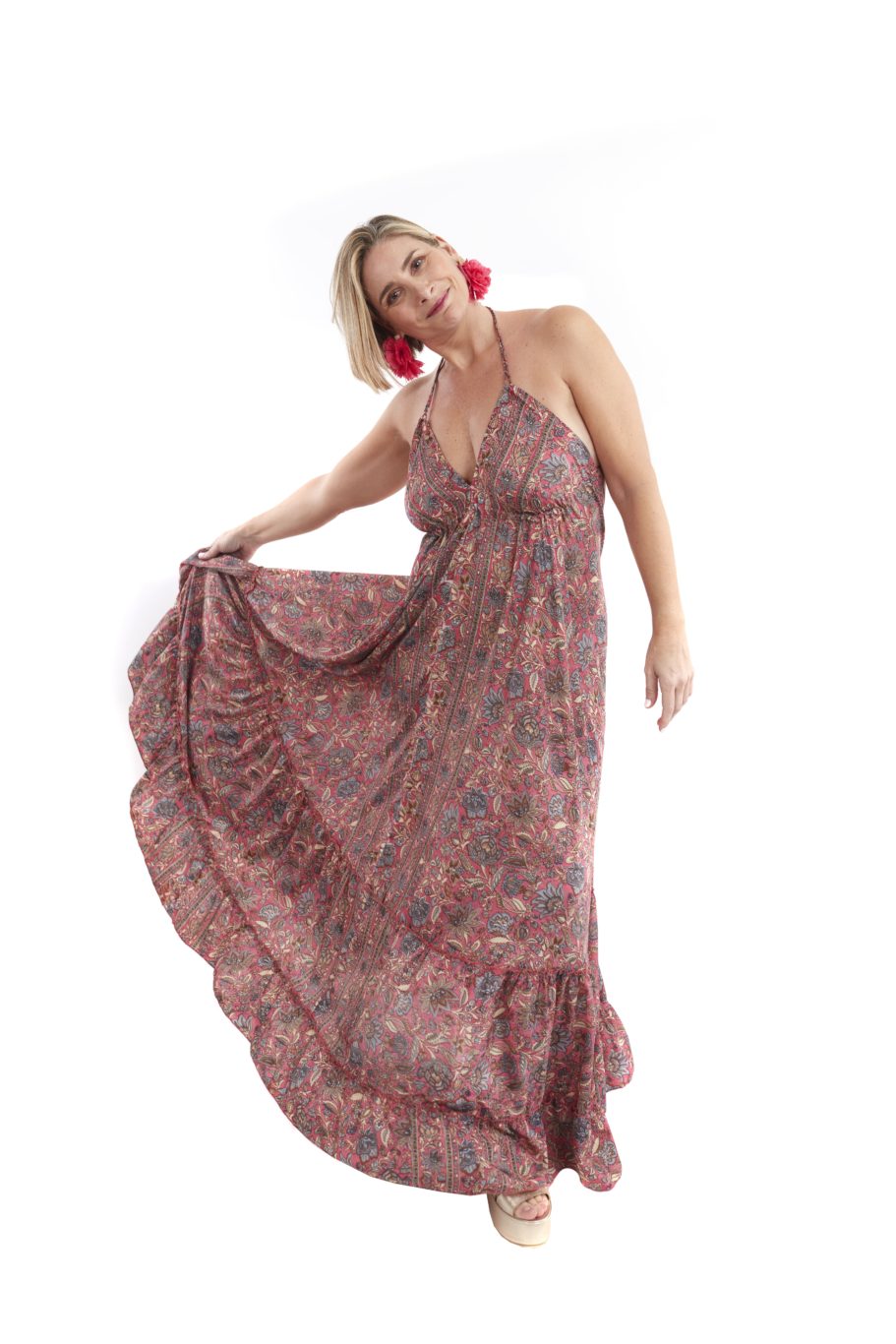 Arriendo de Vestido largo Sona estampado rosado con flores celeste y beige