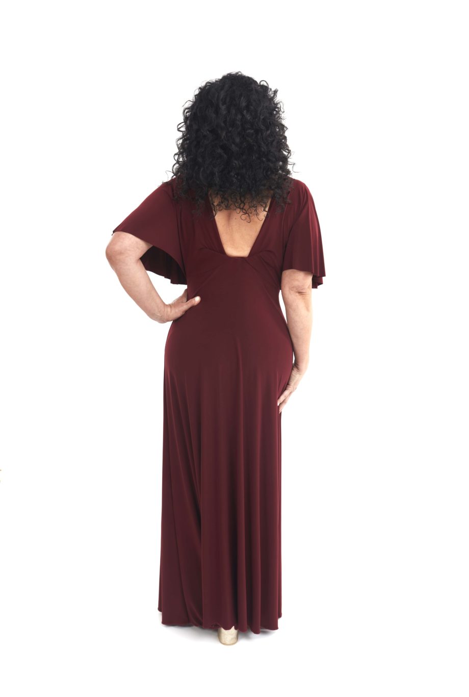 Arriendo de Vestido largo burdeo oscuro manga angel lycra