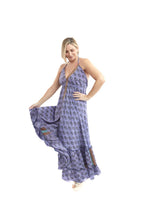 Arriendo de Vestido largo Guruyi morado con detalles mostaza