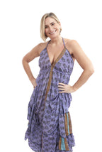 Arriendo de Vestido largo Guruyi morado con detalles mostaza