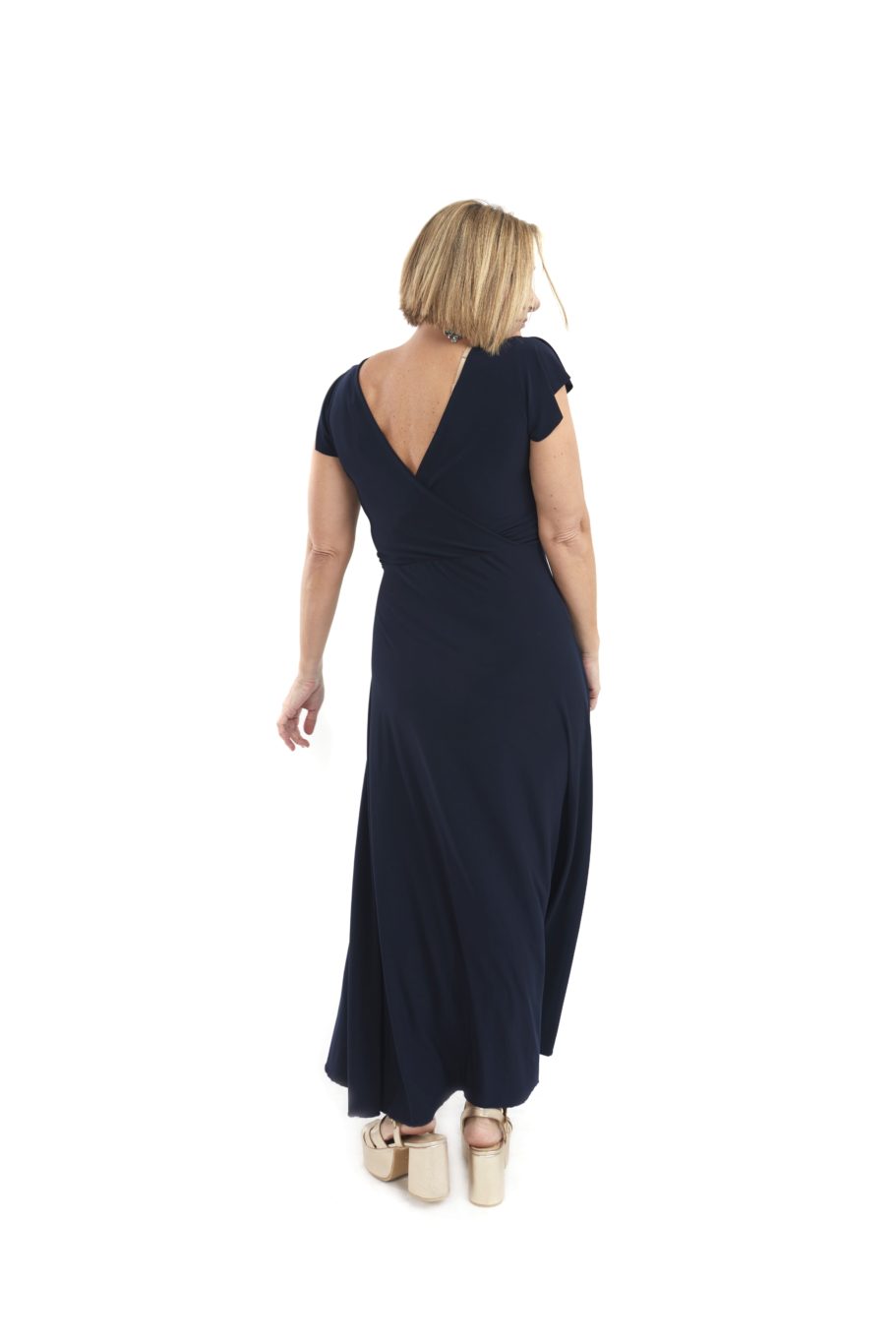 Arriendo de Vestido largo lycra azul marino escote y espalda en V con manguitas