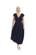 Arriendo de Vestido largo lycra azul marino escote y espalda en V con manguitas